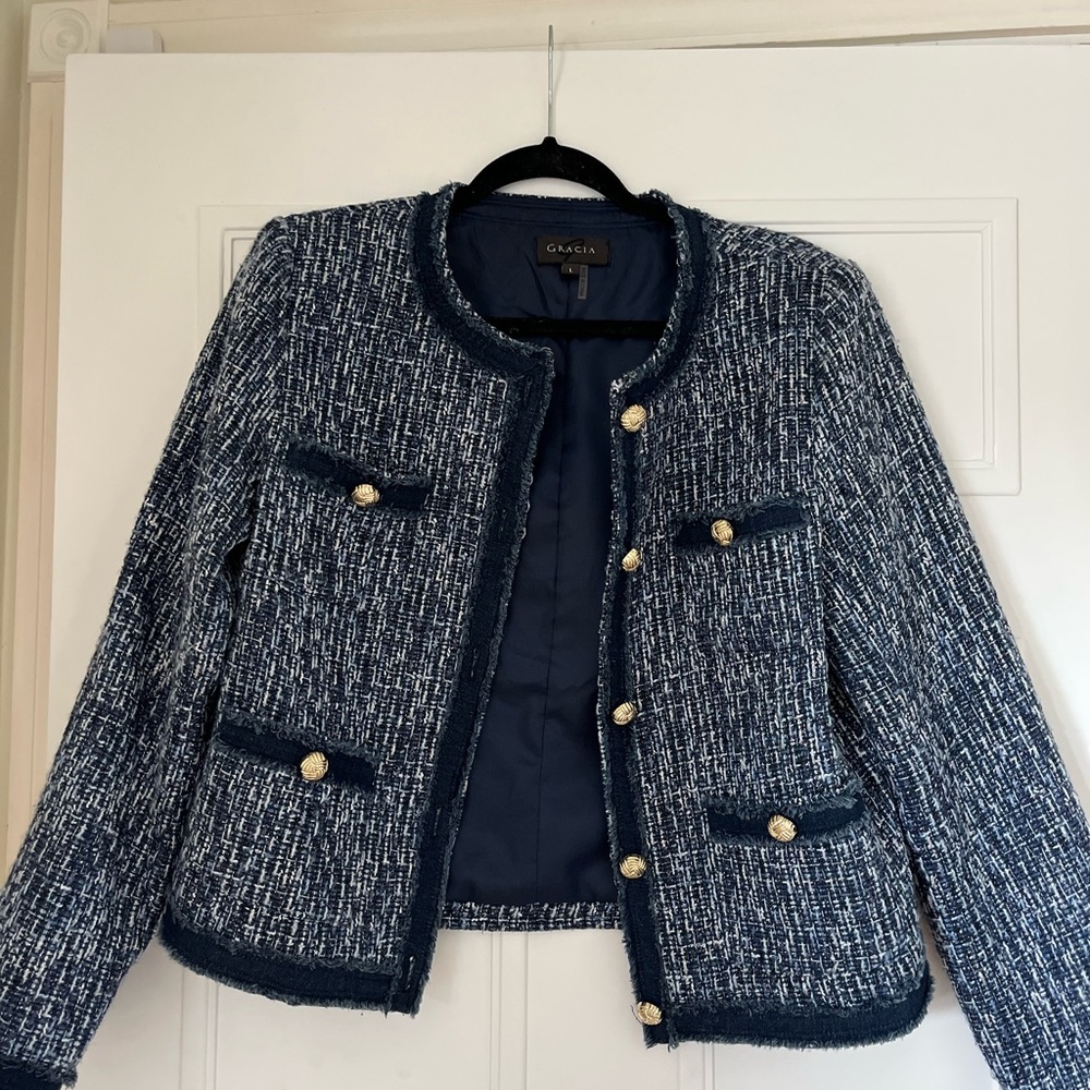 Chic & Beautiful Gracia Navy Tweed Blazer with Gold Accents